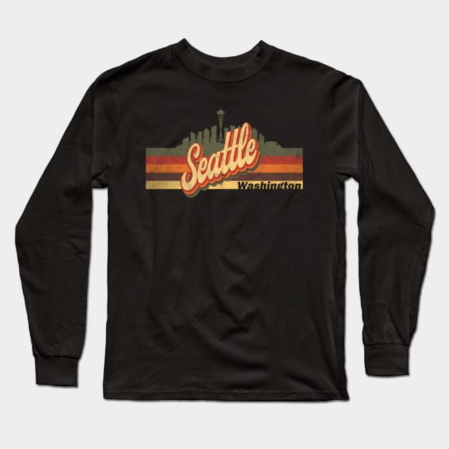 Seattle Washington Skyline Vintage Retro T-Shirt Gift - Seattle Washington - Seattle Washington Tourist Gift - Seattle Washington Hometown T-Shirt T-Shirt Long Sleeve T-Shirt by Happy as I travel